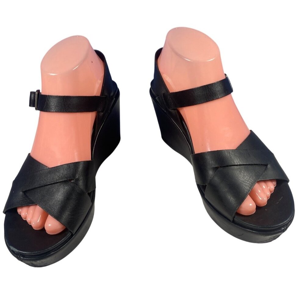 Kork-Ease Black Leather Wedge Sandals